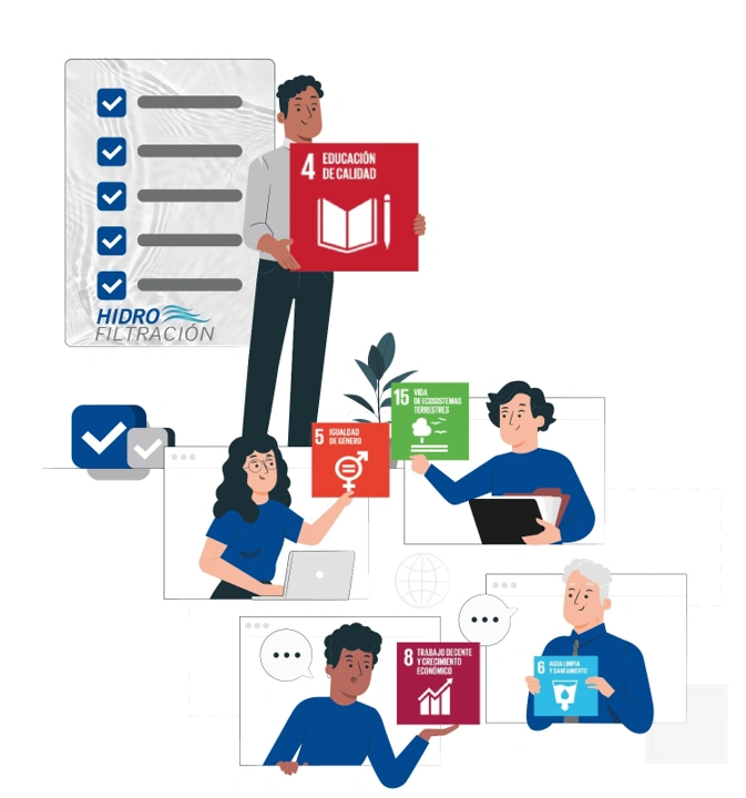 Personas mostrando objetivos de desarrollo sostenible de la empresa Hidrofiltración